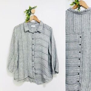 Habitat 100% Linen Gray Striped Lagenlook Asymmetrical Hem Button Down Blouse